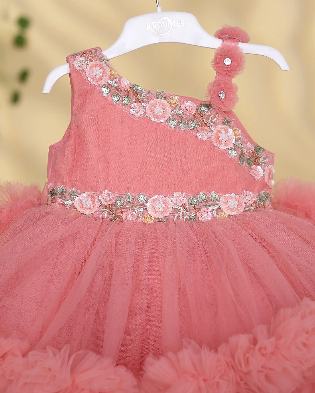 Girls One Shoulder Floral Embellished Party Frock with 3D Flower Appliques and Multi Layered Frilled Tulle Skirt - Coral Pink