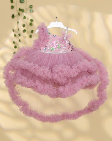 Girls Fancy Ruffled Tulle Party Frock with Embellished Floral Bodice Sequin Detailing Decorative Bow Applique and Layered Frill Skirt - Pink