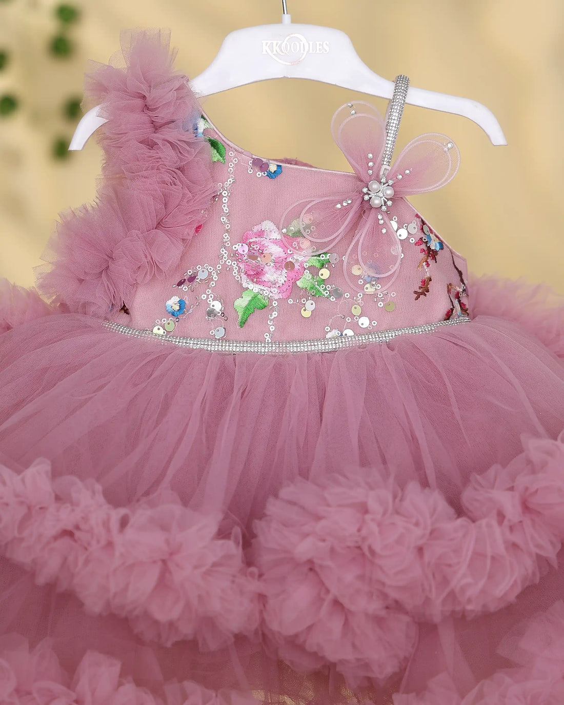 Girls Fancy Ruffled Tulle Party Frock with Embellished Floral Bodice Sequin Detailing Decorative Bow Applique and Layered Frill Skirt - Pink