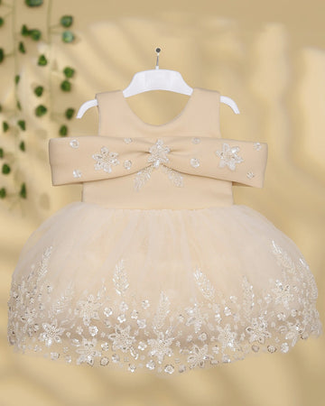 Girls’ Elegant Floral Embellished Sleeveless Frock with Embroidered Tulle Skirt and Decorative Bow Bodice - Beige
