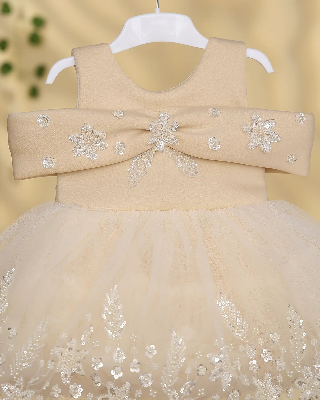 Girls’ Elegant Floral Embellished Sleeveless Frock with Embroidered Tulle Skirt and Decorative Bow Bodice - Beige