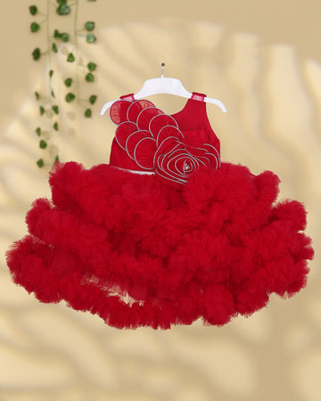 Girls Party Wear Frock with Floral Applique Bodice Sleeveless Design and Voluminous Layered Frilly Tulle Skirt - Red
