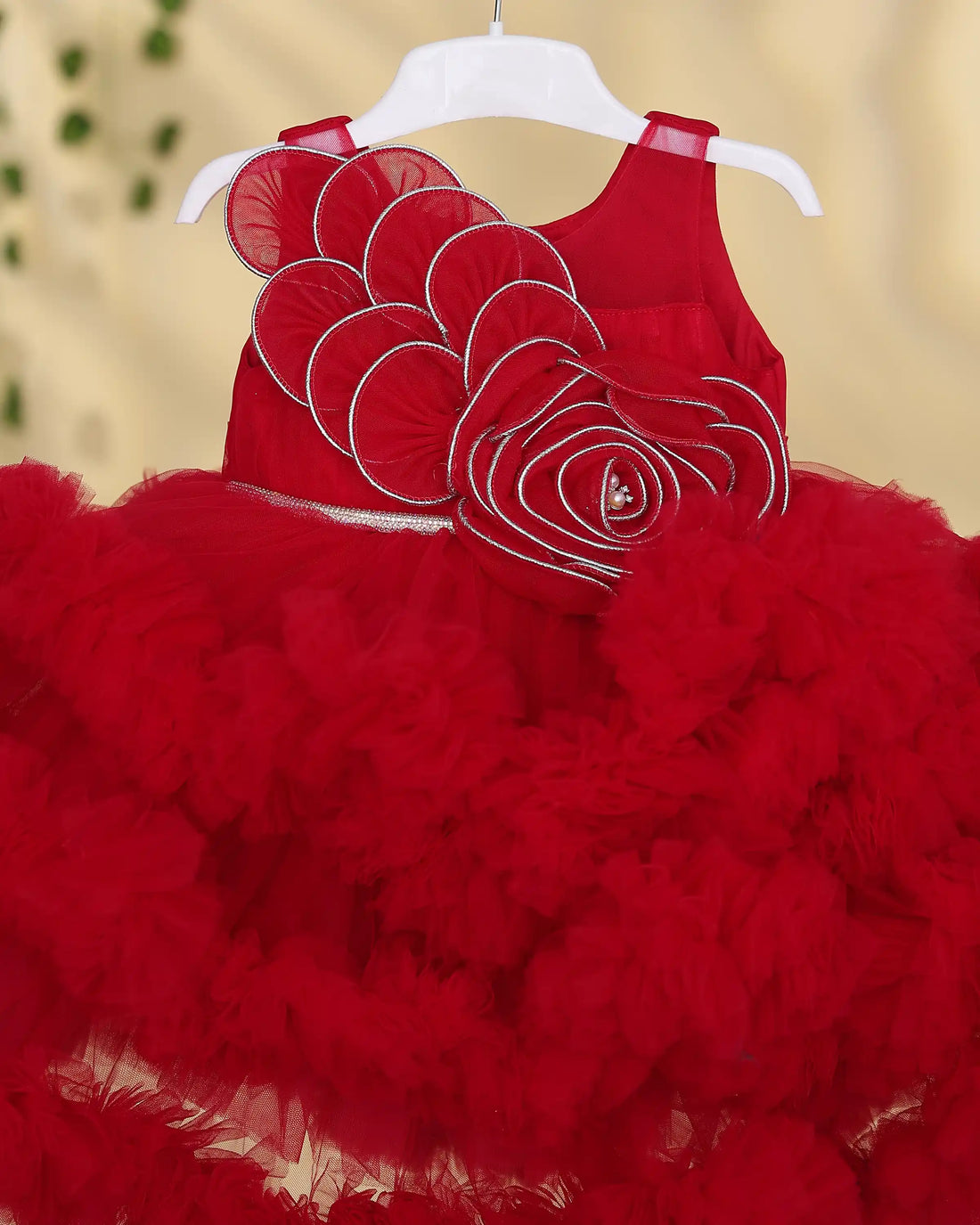 Girls Party Wear Frock with Floral Applique Bodice Sleeveless Design and Voluminous Layered Frilly Tulle Skirt - Red