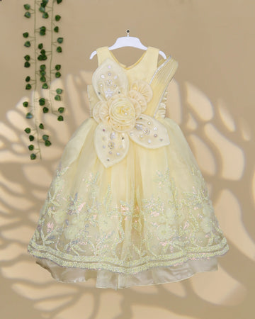 Girls Embellished Floral Applique Party Frock with Layered Tulle Skirt Sequin Detailing and Decorative Shoulder Accent - Yellow