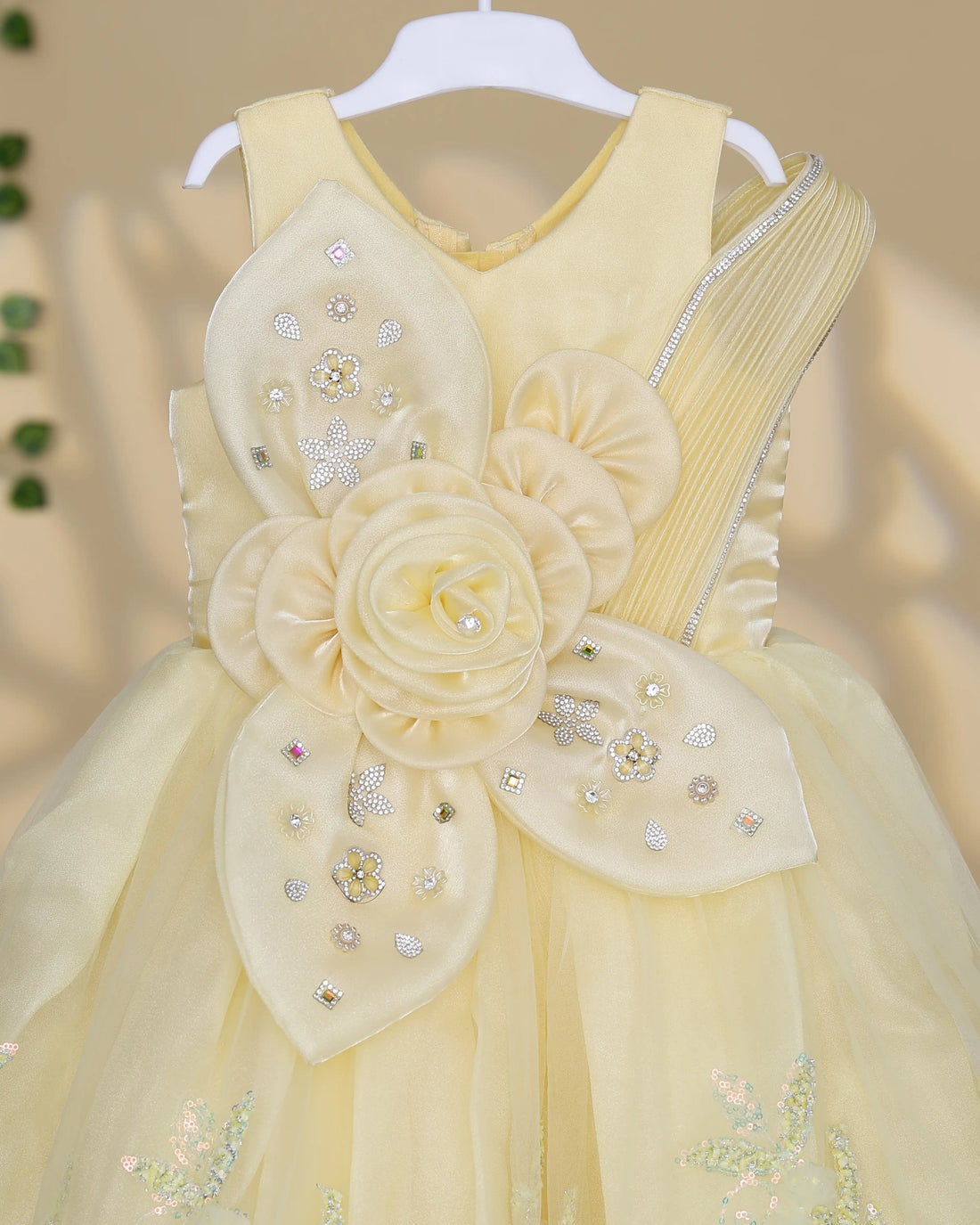 Girls Embellished Floral Applique Party Frock with Layered Tulle Skirt Sequin Detailing and Decorative Shoulder Accent - Yellow