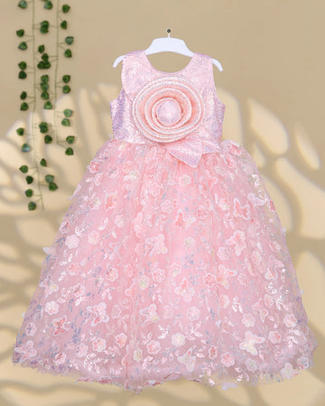 Girls’ Sleeveless Floral Embroidered Net Frock with 3D Rose Applique Layered Flared Skirt & Bow Waist Detail - Pink