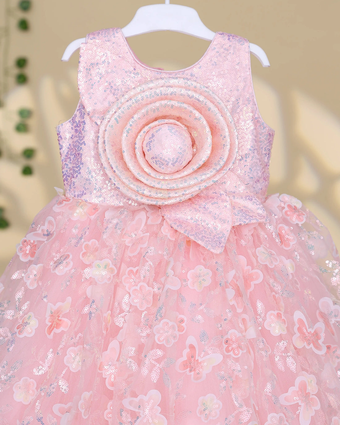 Girls’ Sleeveless Floral Embroidered Net Frock with 3D Rose Applique Layered Flared Skirt & Bow Waist Detail - Pink
