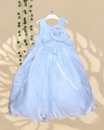 Girls Party Frock with Elegant Floral Rosette Applique Pleated Bodice Sleeveless Design and Flared Gathered Skirt - Light Blue