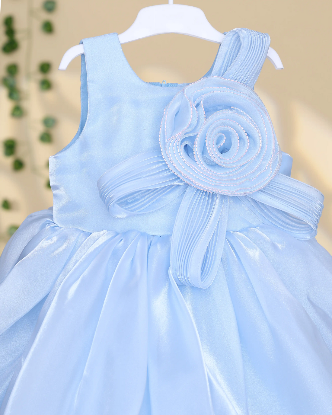 Girls Party Frock with Elegant Floral Rosette Applique Pleated Bodice Sleeveless Design and Flared Gathered Skirt - Light Blue