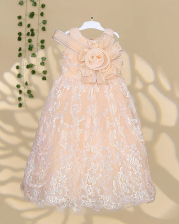 Girls Party Wear Embellished Frock with Oversized Floral Applique Pleated Shoulder Detail and Flared Sequin Embroidered Skirt - Peach