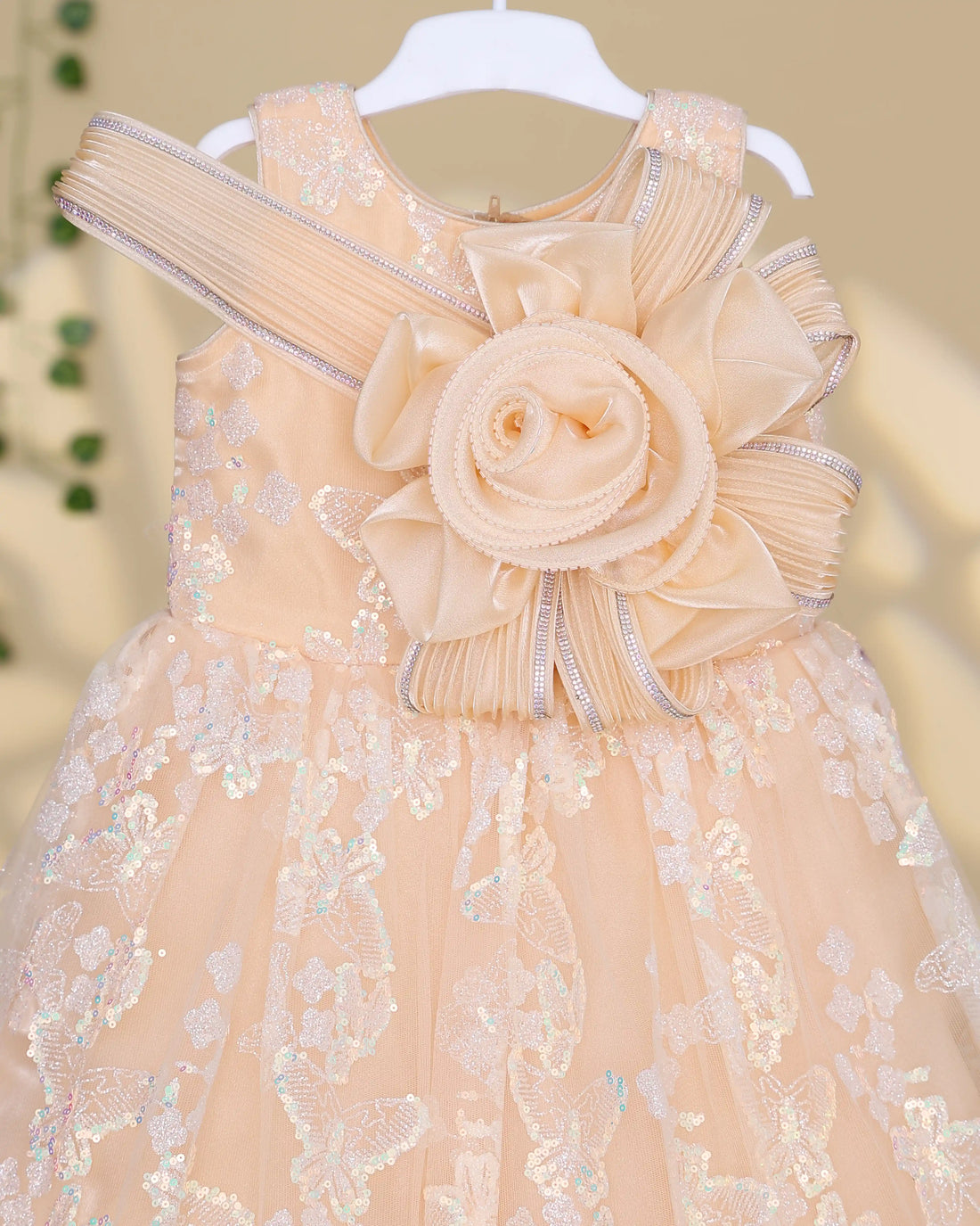 Girls Party Wear Embellished Frock with Oversized Floral Applique Pleated Shoulder Detail and Flared Sequin Embroidered Skirt - Peach