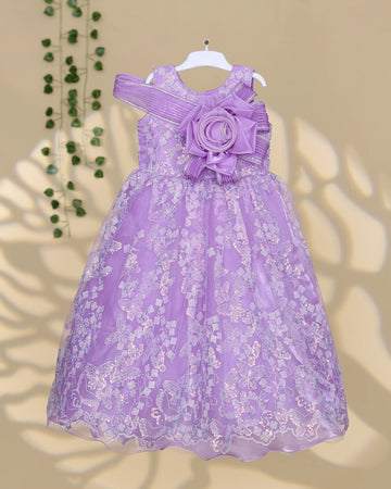 Girls’ Embroidered Lace Party Frock with Floral Appliqué Bodice Layered Tulle Skirt and Oversized Decorative Waist Bow - Purple