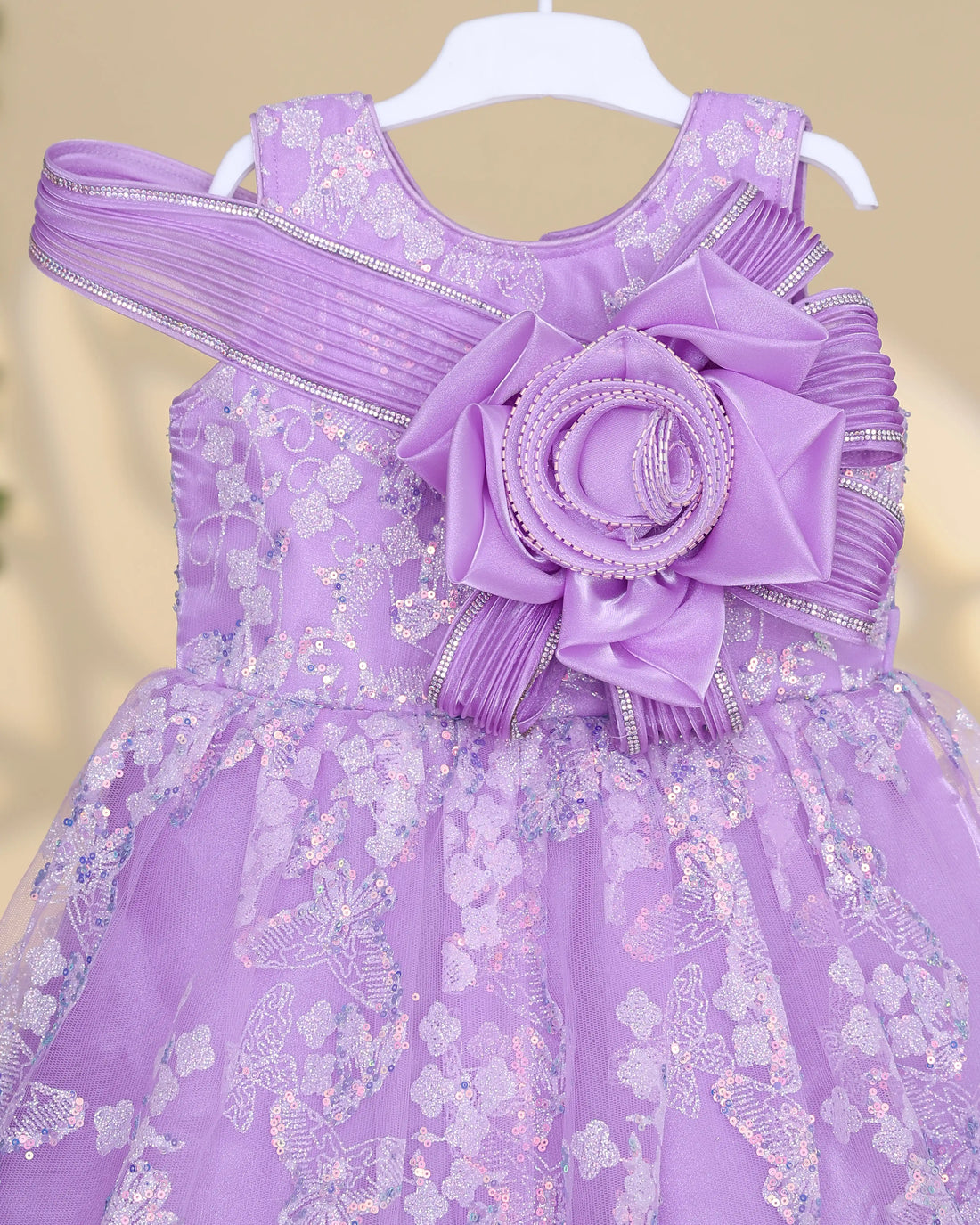 Girls’ Embroidered Lace Party Frock with Floral Appliqué Bodice Layered Tulle Skirt and Oversized Decorative Waist Bow - Purple