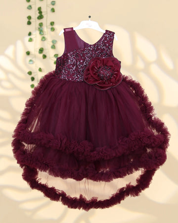 Girls Designer Sleeveless Party Frock with Embellished Bodice Statement Floral Applique and Layered Tulle Flared Skirt - Burgundy