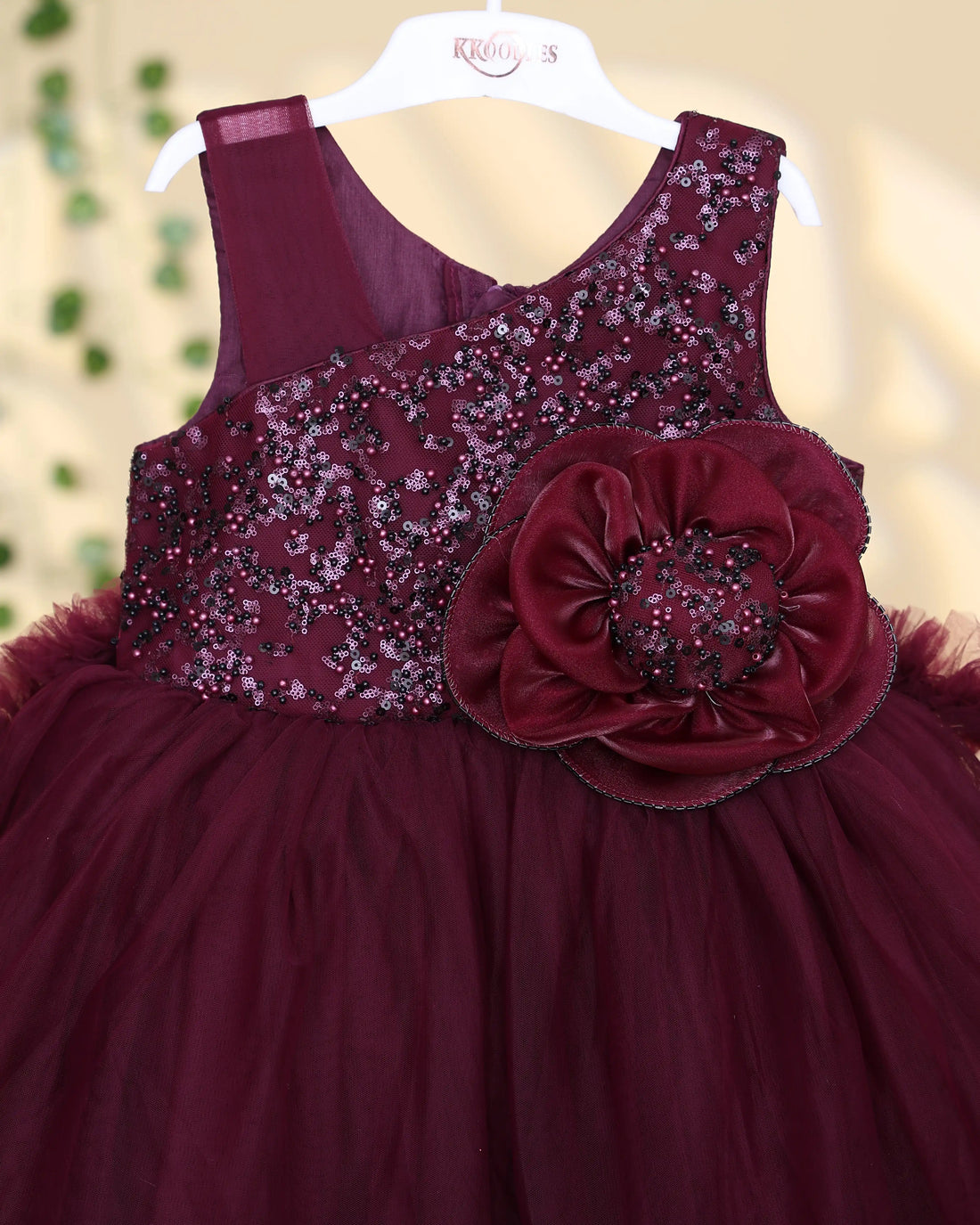 Girls Designer Sleeveless Party Frock with Embellished Bodice Statement Floral Applique and Layered Tulle Flared Skirt - Burgundy