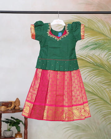 Girls Readymade Pattu Pavadai Set with Floral Printed Skirt Floral Zari Border and Embellished Neckline - Green