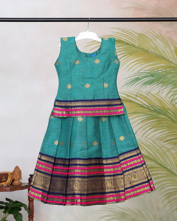 Girls Readymade Pattu Pavadai with Sleeveless Blouse Traditional Zari Woven Border and Gold Motif Detailing - Teal Green