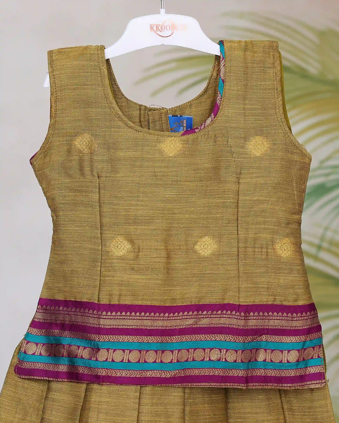 Girls Readymade Pattu Pavadai with Sleeveless Blouse Zari Woven Border and Traditional Pleated Skirt - Olive Green