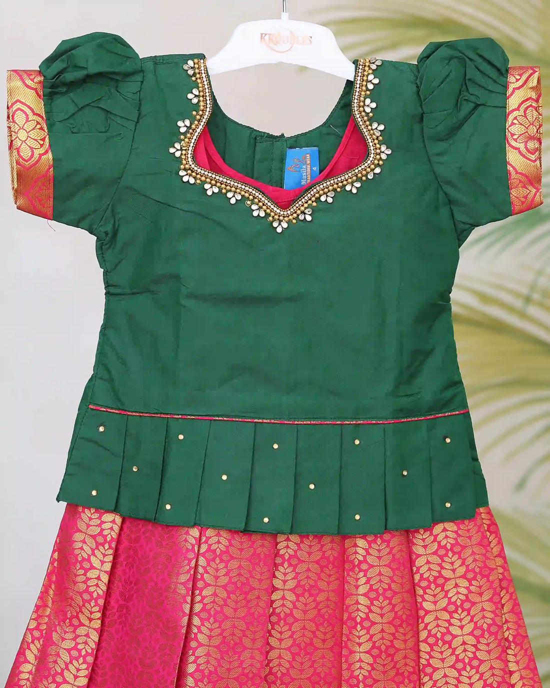 Girls Readymade Pattu Pavadai Set with Floral Printed Skirt Floral Zari Border and Embellished Neckline - Green