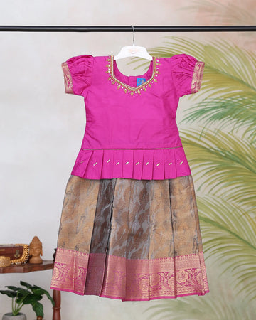 Girls Readymade Pattu Pavadai Set with Embellished Neckline Puff Sleeves Blouse Pleated Waist Design and Traditional Zari Brocade Skirt - Pink