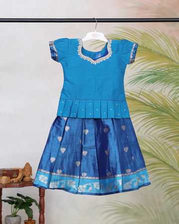 Girls’ Readymade Pattu Pavadai Set with Embellished Neckline Decorative Pleated Waist and Designer Silk Blend Skirt with Woven Border - Blue