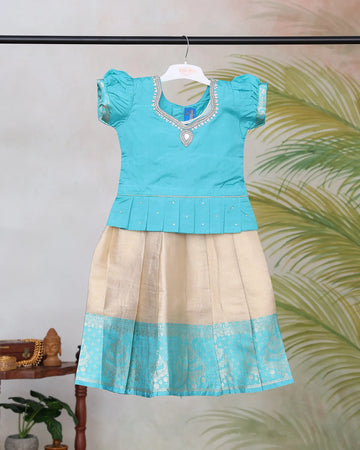 Girls Pattu Pavadai Set with Embellished Short Sleeve Blouse Decorative Neckline Pleated Silk Skirt and Intricate Brocade Border Design - Turquoise Blue