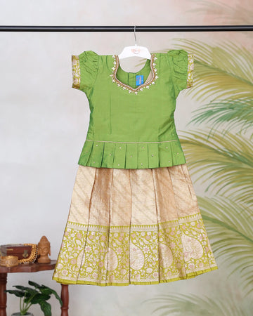 Girls Readymade Pattu Pavadai Set with Embroidered Neckline Ruffle Sleeve Blouse and Traditional Pleated Skirt with Floral Brocade Border - Green