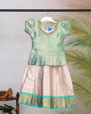 Girls Readymade Pattu Pavadai with Zari Embellished Puff Sleeves Blouse Embroidered Neckline and Pleated Traditional Skirt - Green