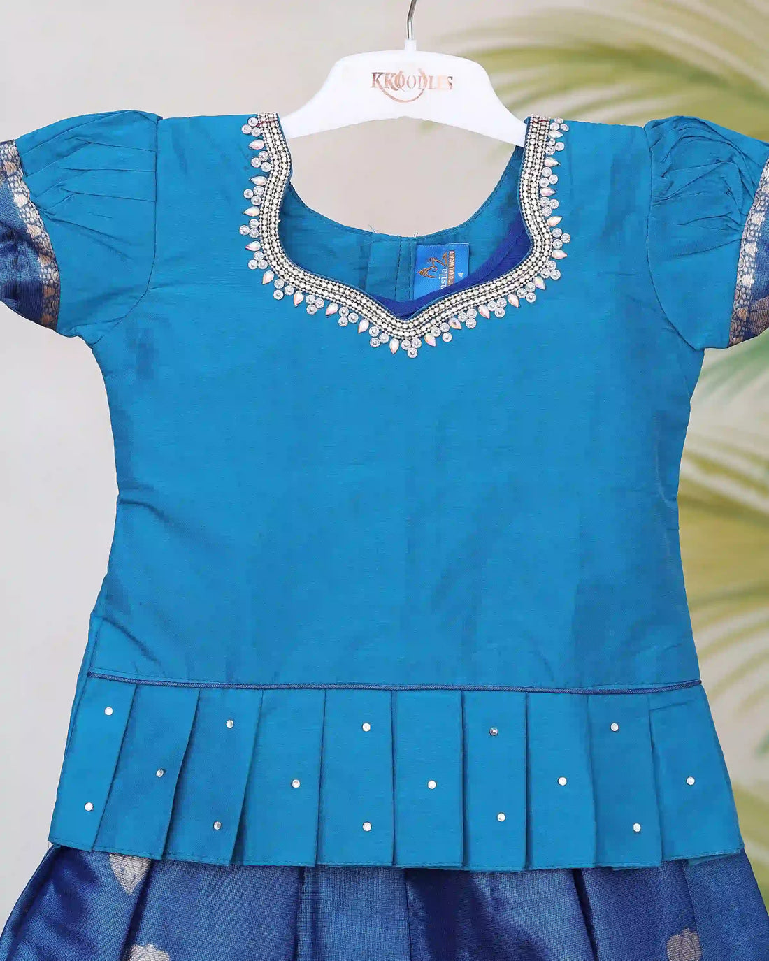 Girls’ Readymade Pattu Pavadai Set with Embellished Neckline Decorative Pleated Waist and Designer Silk Blend Skirt with Woven Border - Blue