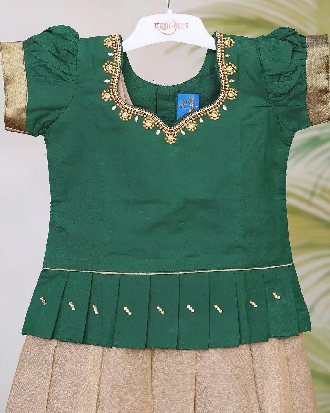 Girls Readymade Pattu Pavadai with Embellished V-Neck Blouse Pleated Skirt and Traditional Zari Border - Green