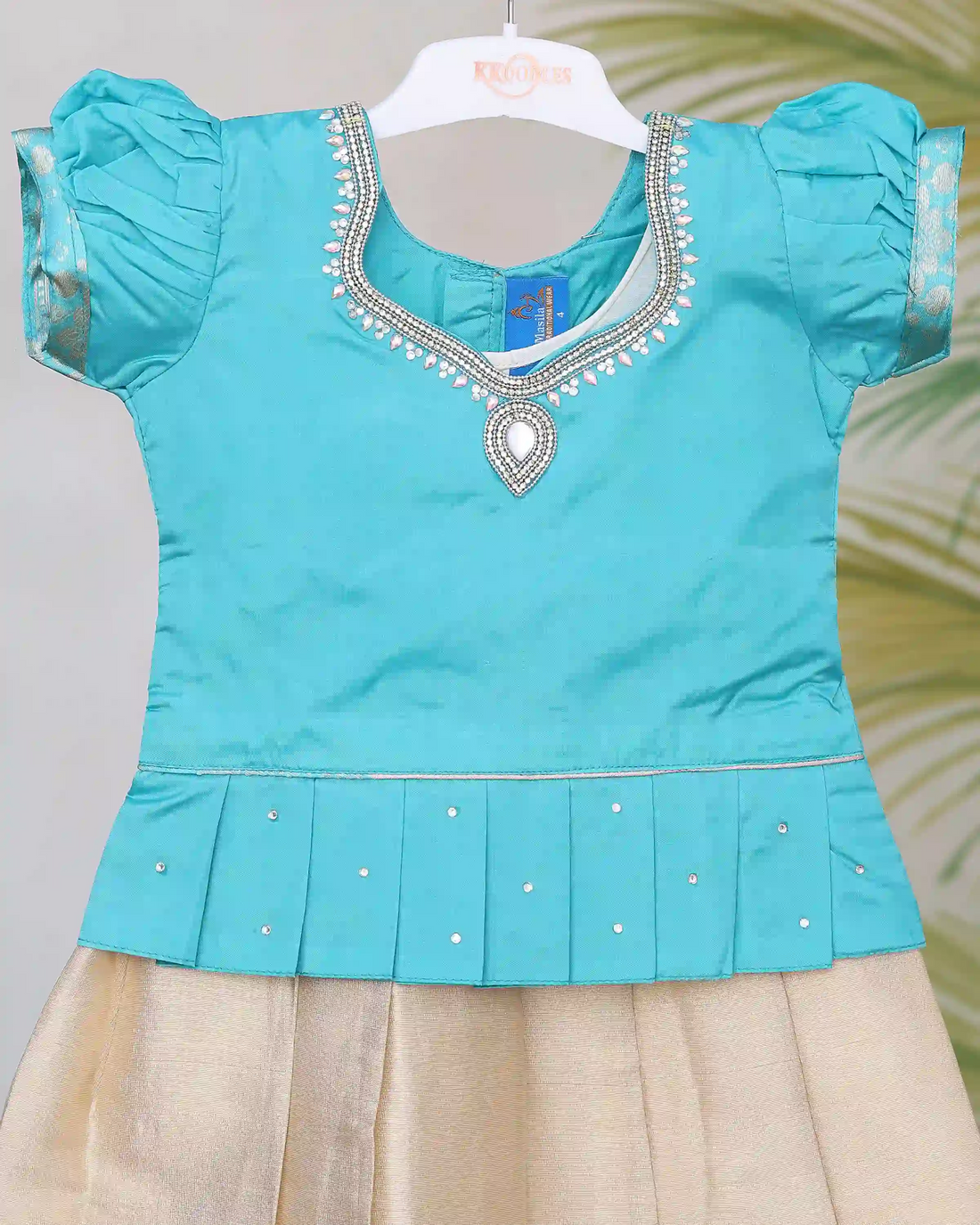Girls Pattu Pavadai Set with Embellished Short Sleeve Blouse Decorative Neckline Pleated Silk Skirt and Intricate Brocade Border Design - Turquoise Blue