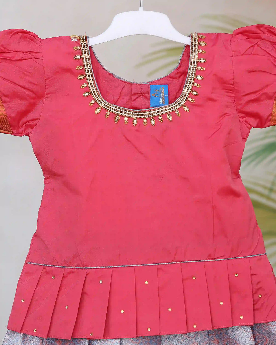 Girls Readymade Pattu Pavadai with Embellished Round Neck Blouse Puff Sleeves Decorative Waist Pleats and Traditional Zari Woven Border Long Skirt - Pink