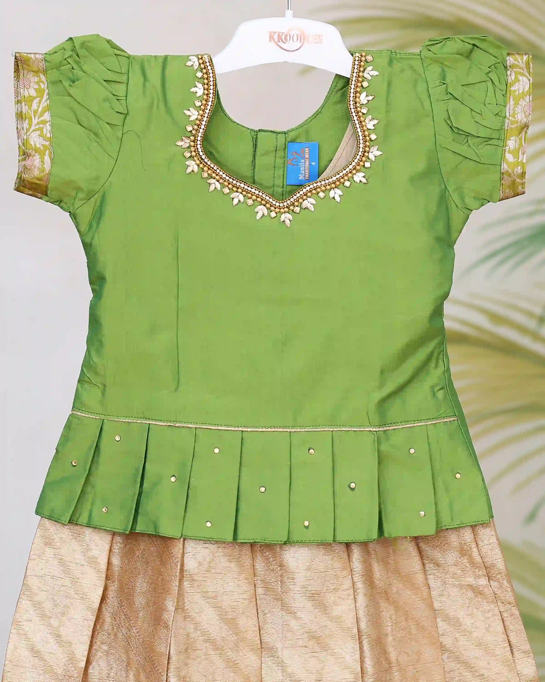 Girls Readymade Pattu Pavadai Set with Embroidered Neckline Ruffle Sleeve Blouse and Traditional Pleated Skirt with Floral Brocade Border - Green