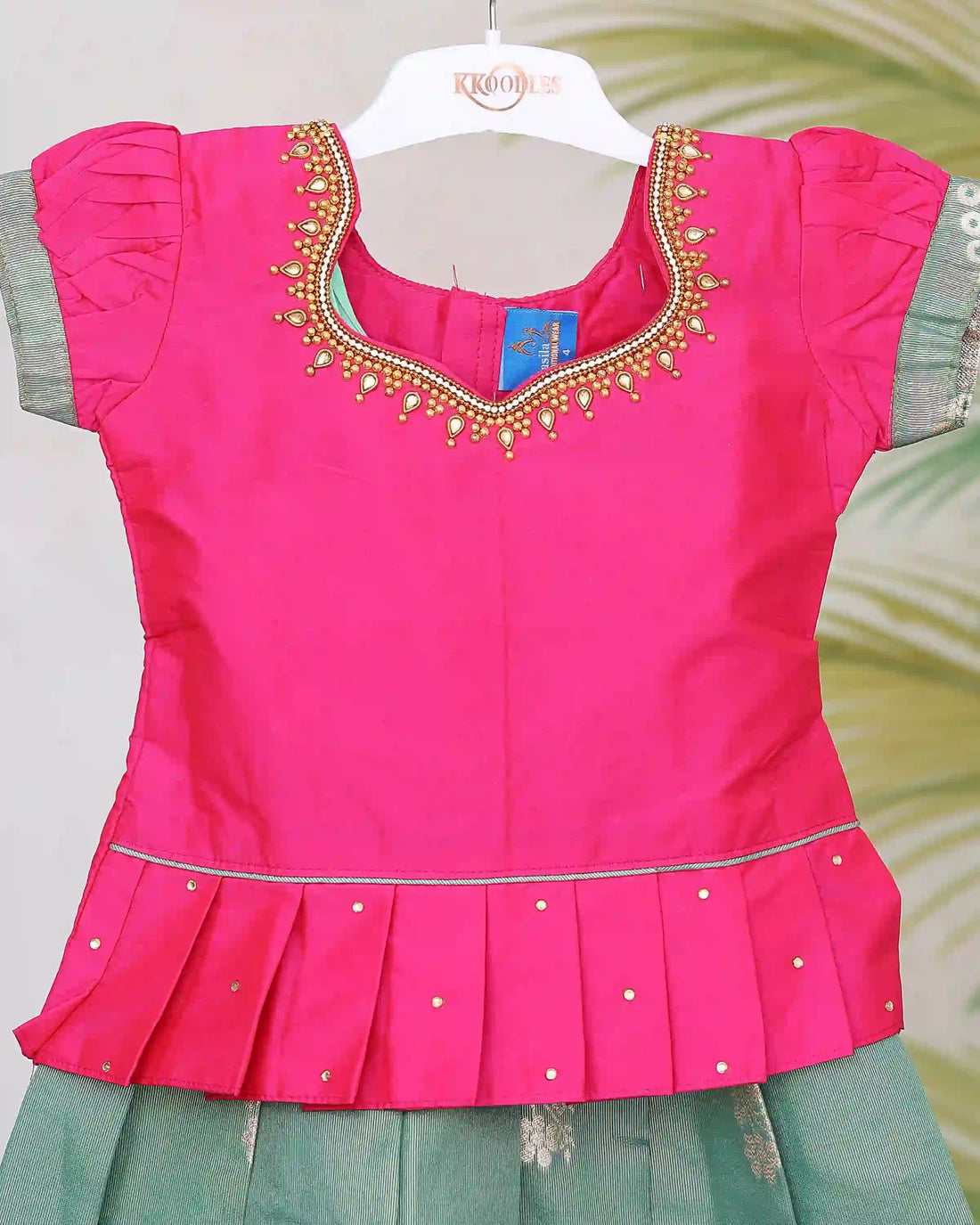 Girls Readymade Pattu Pavadai Set with Embroidered Neckline Designer Puff Sleeves Pleated Peplum Blouse and Floral Printed Traditional Skirt - Pink