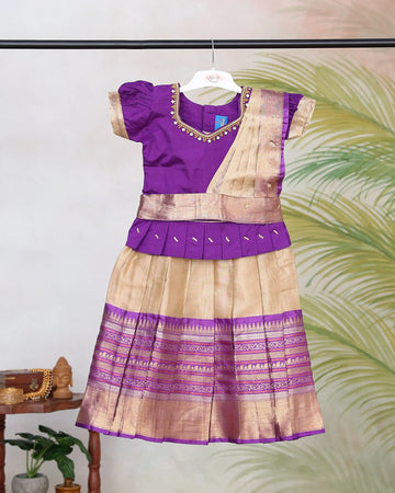 Girls Readymade Pattu Pavadai with Zari Woven Border Embellished Blouse Traditional Pleated Skirt and Decorative Waist Belt - Purple