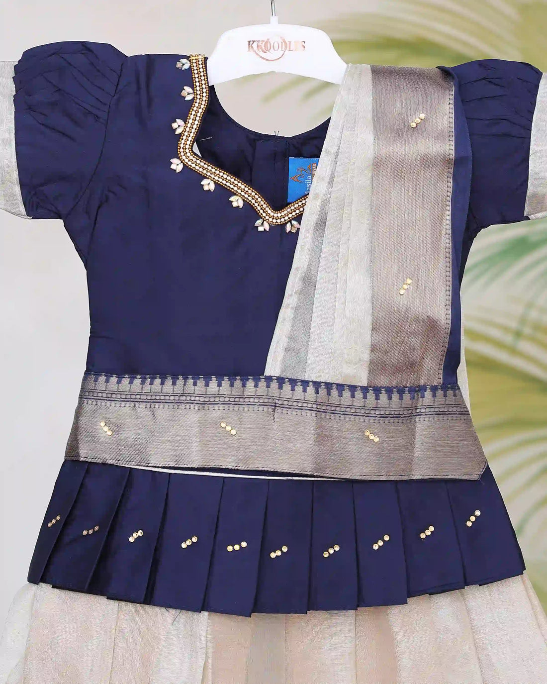 Girls Readymade Pattu Pavadai with Zari Woven Border Embellished Blouse Traditional Pleated Skirt and Decorative Waist Belt - Navy Blue