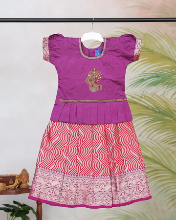 Girls Readymade Pattu Pavadai with Embroidered Short Sleeve Blouse Round Neck Design Pleated Traditional Long Skirt and Zari Woven Border - Purple