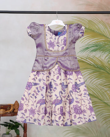 Girls Readymade Pattu Pavadai Set with Floral Printed Skirt Embellished Blouse Puff Sleeves and Traditional Peplum Waist Design - Purple