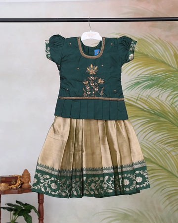 Girls Readymade Pattu Pavadai with Embroidered Blouse Traditional Pleated Long Skirt and Floral Zari Border Design - Dark Green