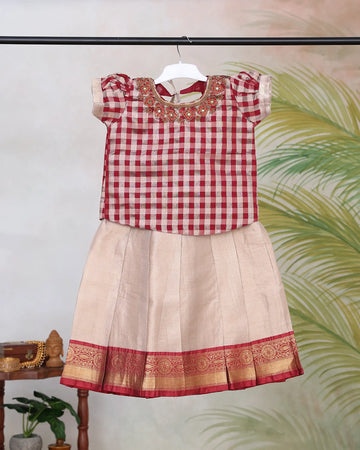 Girls Readymade Pattu Pavadai with Embellished Checked Blouse Pleated Traditional Skirt and Zari Border Work - Multi