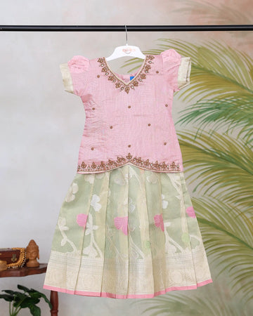 Girls Readymade Pattu Pavadai with Embellished V Neck Blouse Puff Sleeves Traditional Woven Skirt and Decorative Zari Border - Pink