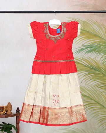 Girls Readymade Pattu Pavadai with Embellished Neckline Short Sleeve Blouse Pleated Skirt and Zari Woven Border -  Red