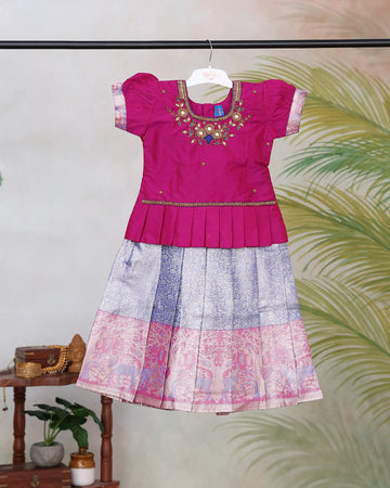 Girls Readymade Pattu Pavadai Set with Embellished Blouse Traditional Woven Silk Blend Skirt Pleated Waist Design and Decorative Zari Border - Dark Pink