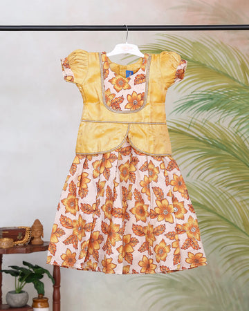 Girls Readymade Pattu Pavadai Set with Floral Printed Skirt Embellished Blouse Puff Sleeves and Traditional Peplum Waist Design - Yellow