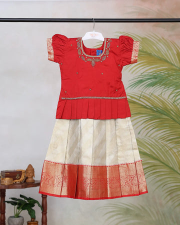 Girls Readymade Silk Blend Pattu Pavadai with Embroidered Blouse and Zari Woven Pleated Skirt - Red