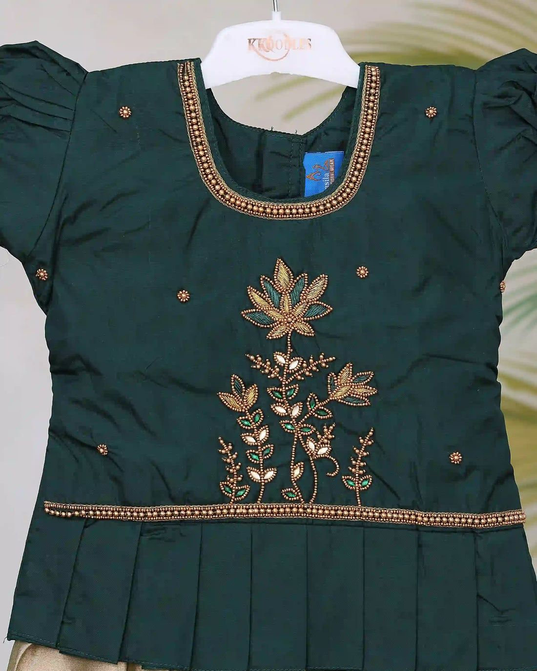 Girls Readymade Pattu Pavadai with Embroidered Blouse Traditional Pleated Long Skirt and Floral Zari Border Design - Dark Green