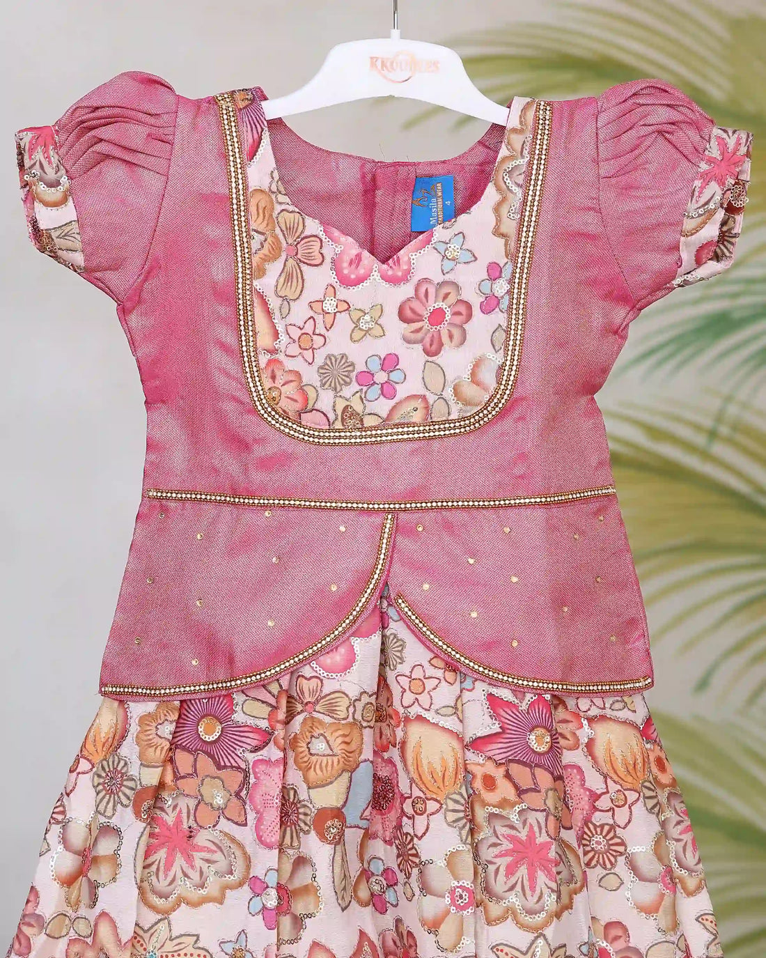 Girls Readymade Pattu Pavadai Set with Floral Printed Skirt Embellished Blouse Puff Sleeves and Traditional Peplum Waist Design - Pink