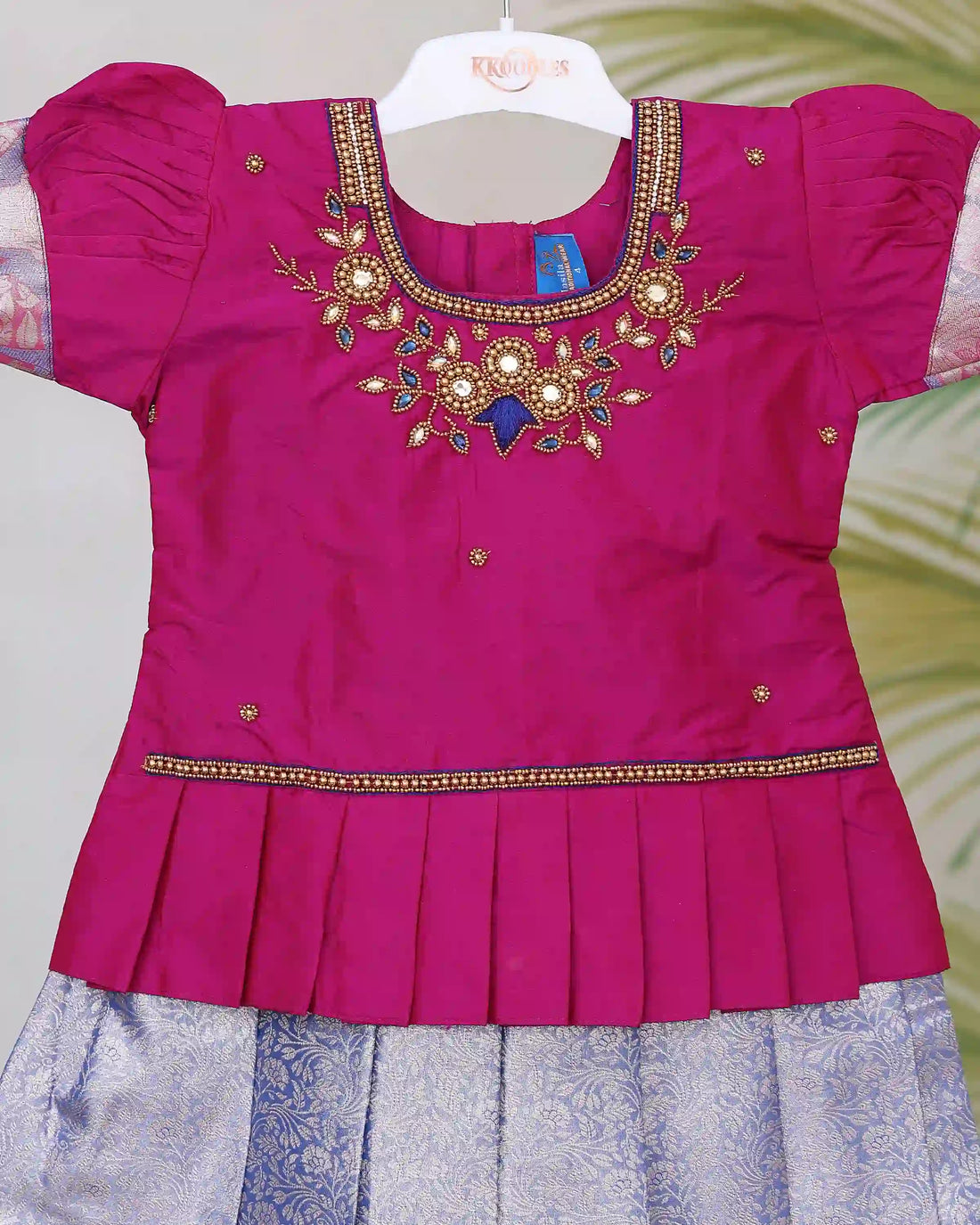 Girls Readymade Pattu Pavadai Set with Embellished Blouse Traditional Woven Silk Blend Skirt Pleated Waist Design and Decorative Zari Border - Dark Pink