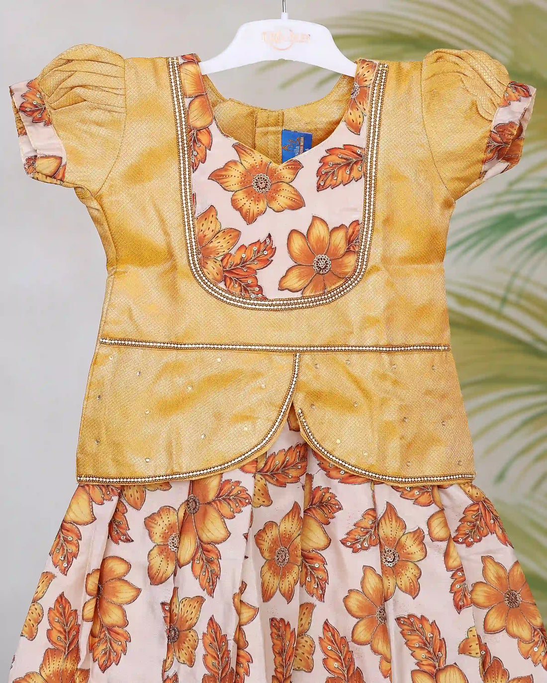 Girls Readymade Pattu Pavadai Set with Floral Printed Skirt Embellished Blouse Puff Sleeves and Traditional Peplum Waist Design - Yellow
