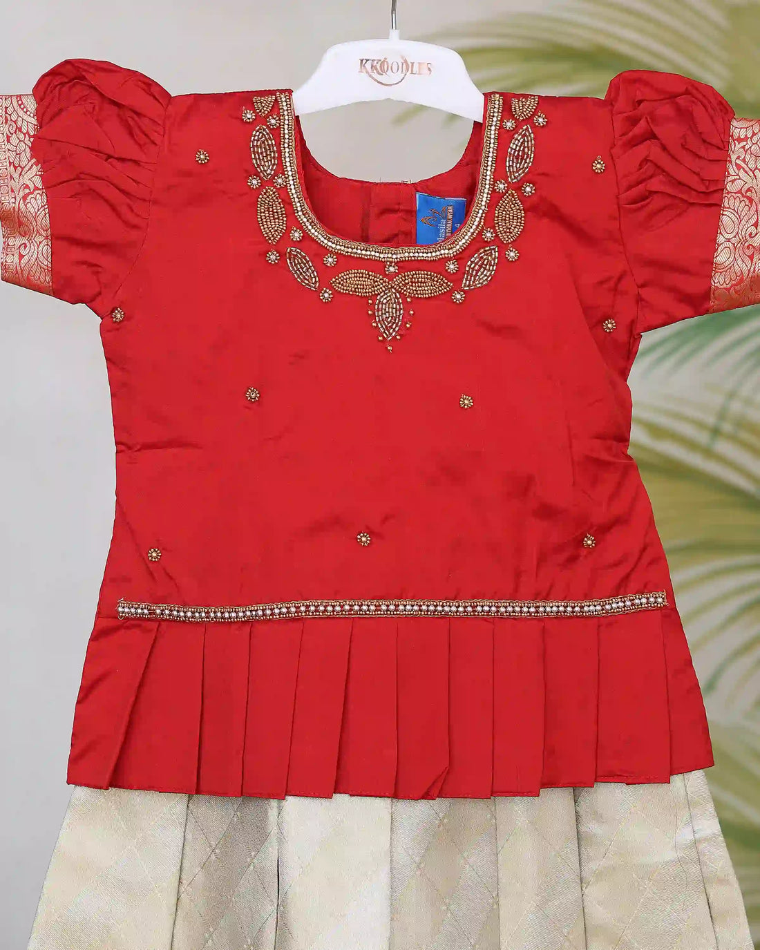 Girls Readymade Silk Blend Pattu Pavadai with Embroidered Blouse and Zari Woven Pleated Skirt - Red